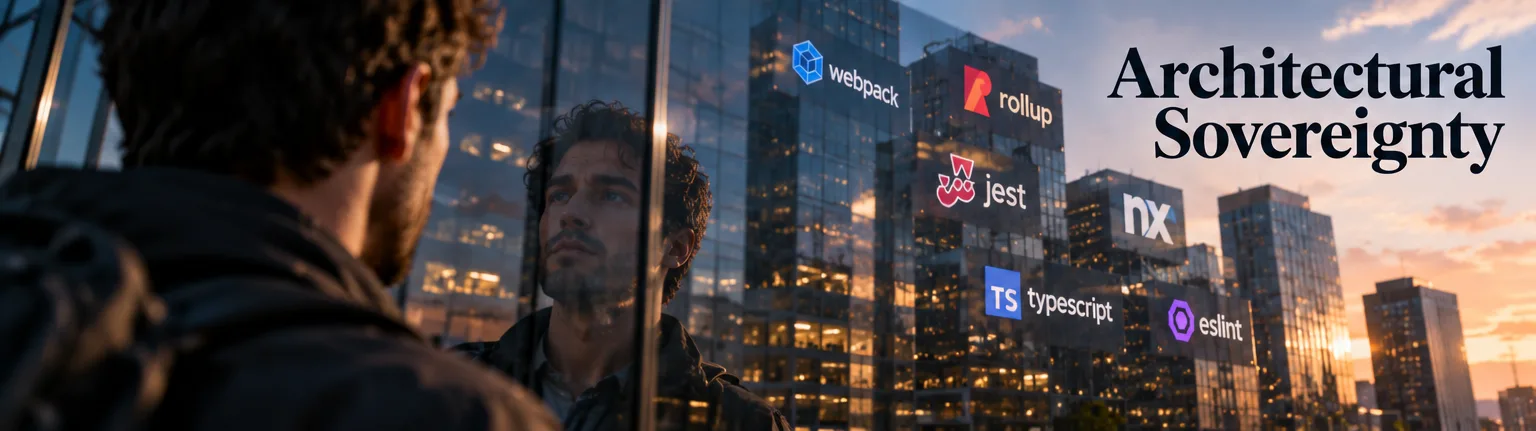 A man faces a glass tower at sunset and studies his own reflection, while the skyline behind it carries the names webpack, rollup, jest, nx, typescript and eslint beside the title Architectural Sovereignty