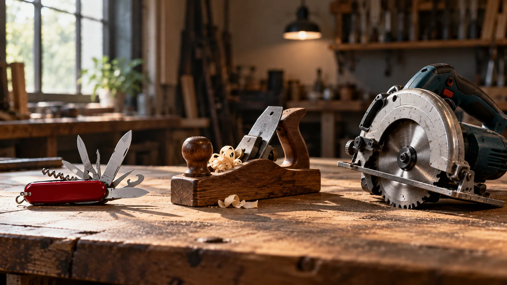 A Swiss Army knife with every blade unfolded, a wooden hand plane resting in fresh shavings and a circular saw lie side by side on a sunlit workbench