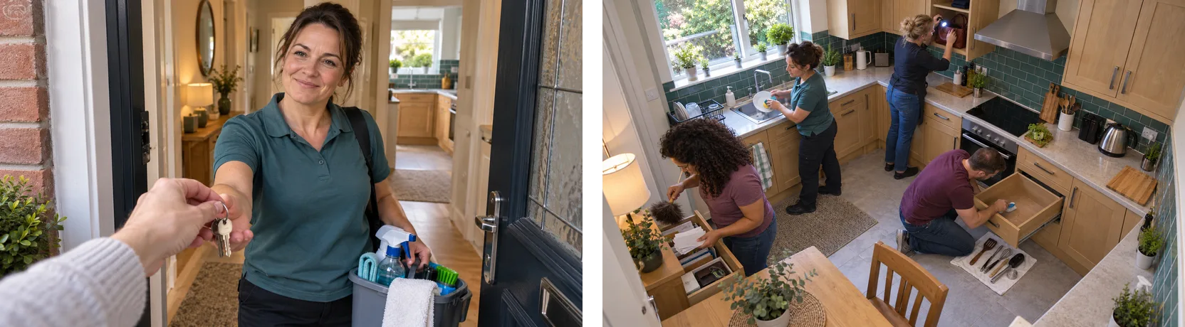 Two photographs side by side. On the left, a homeowner at their front door hands a key to a smiling cleaner holding a caddy of spray bottles and cloths. On the right, four people in the same kitchen, one washing a dish at the sink, one shining a torch into a cupboard, one leafing through papers in a drawer and one kneeling at a pulled-out drawer with a brush