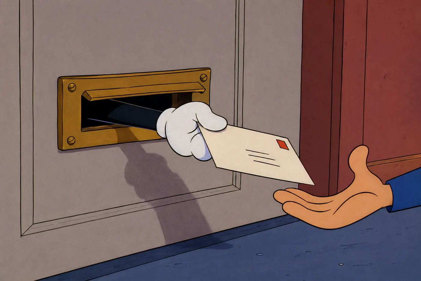 Host and hostee passing notes through a slot in a locked door