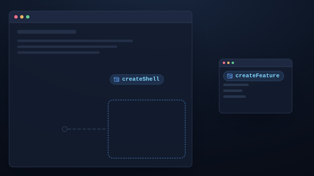 A feature window docks into a slot on a host page; three dots cross the wire between them and it turns solid; the host measures the slot as 720 by 540 and the feature fills it; small beats pulse from the feature to the host once a second; then one order-placed message crosses and a receipt appears on the host