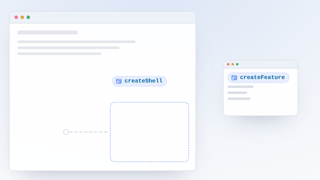 A feature window docks into a slot on a host page; three dots cross the wire between them and it turns solid; the host measures the slot as 720 by 540 and the feature fills it; small beats pulse from the feature to the host once a second; then one order-placed message crosses and a receipt appears on the host