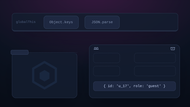A shelf of built-ins, Object.keys and JSON.parse, from which copies drop into a sealed vault at start-up; a third-party analytics.js card slides in and rewrites both shelf tiles; two questions are then asked of the shelf and of the vault, the shelf answering wrongly in red and the vault correctly in green
