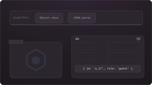 A main.mjs file typed out on the left, ending in a vendor script that overwrites Object.keys, Object.prototype.hasOwnProperty and JSON.parse; on the right a node run asks each of those three questions twice, the global call returning the tampered answer in red and the captured copy returning the real one in green