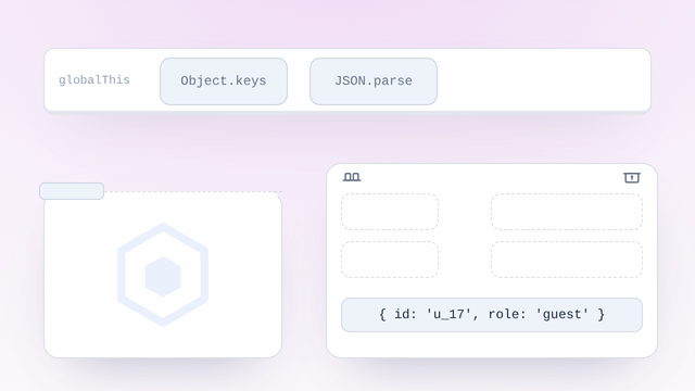 A shelf of built-ins, Object.keys and JSON.parse, from which copies drop into a sealed vault at start-up; a third-party analytics.js card slides in and rewrites both shelf tiles; two questions are then asked of the shelf and of the vault, the shelf answering wrongly in red and the vault correctly in green