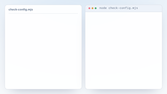 A schema and a broken config being typed on the left, and on the right one validate call printing all three violations as a path and keyword-code table, the missing required property reported at the root pointer