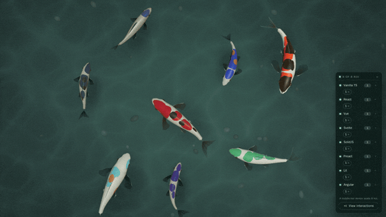 Eight koi swimming in a single pond, each one rendered by a different framework app