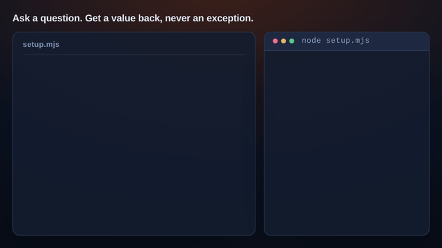 A multiselect prompt being programmed on the left and answered on the right, ending in a submitted result object